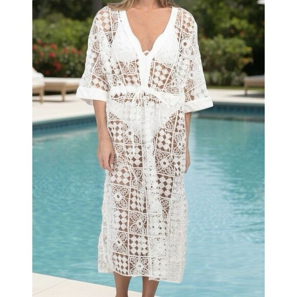 4OUR Dreamers Maxi Crochet Lace Swim Cover Up Caftan White Tie Waist X-Small - Picture 8 of 8
